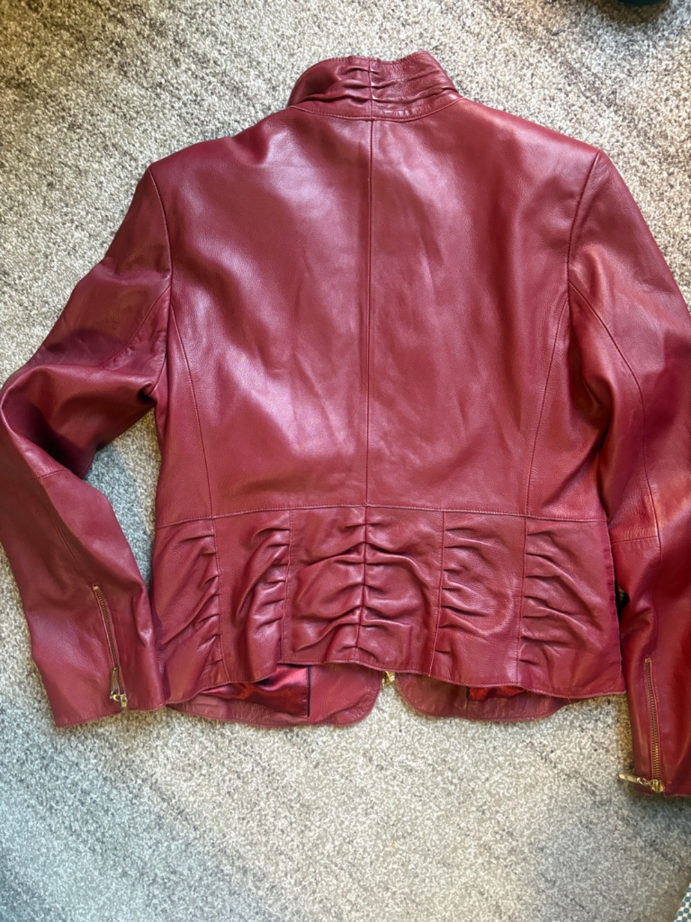 Women’s Burgundy Leather Zip-Front Jacket with Gathered Waist - Picture 8 of 8